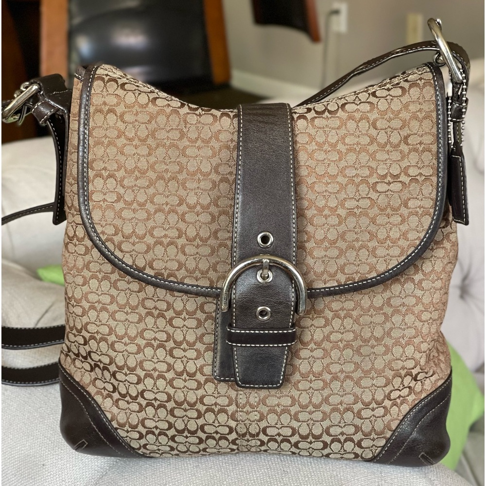 SOLD! Coach Purse Crossbody Bag Brown Leather Light Fabric Canvas K3M-6376